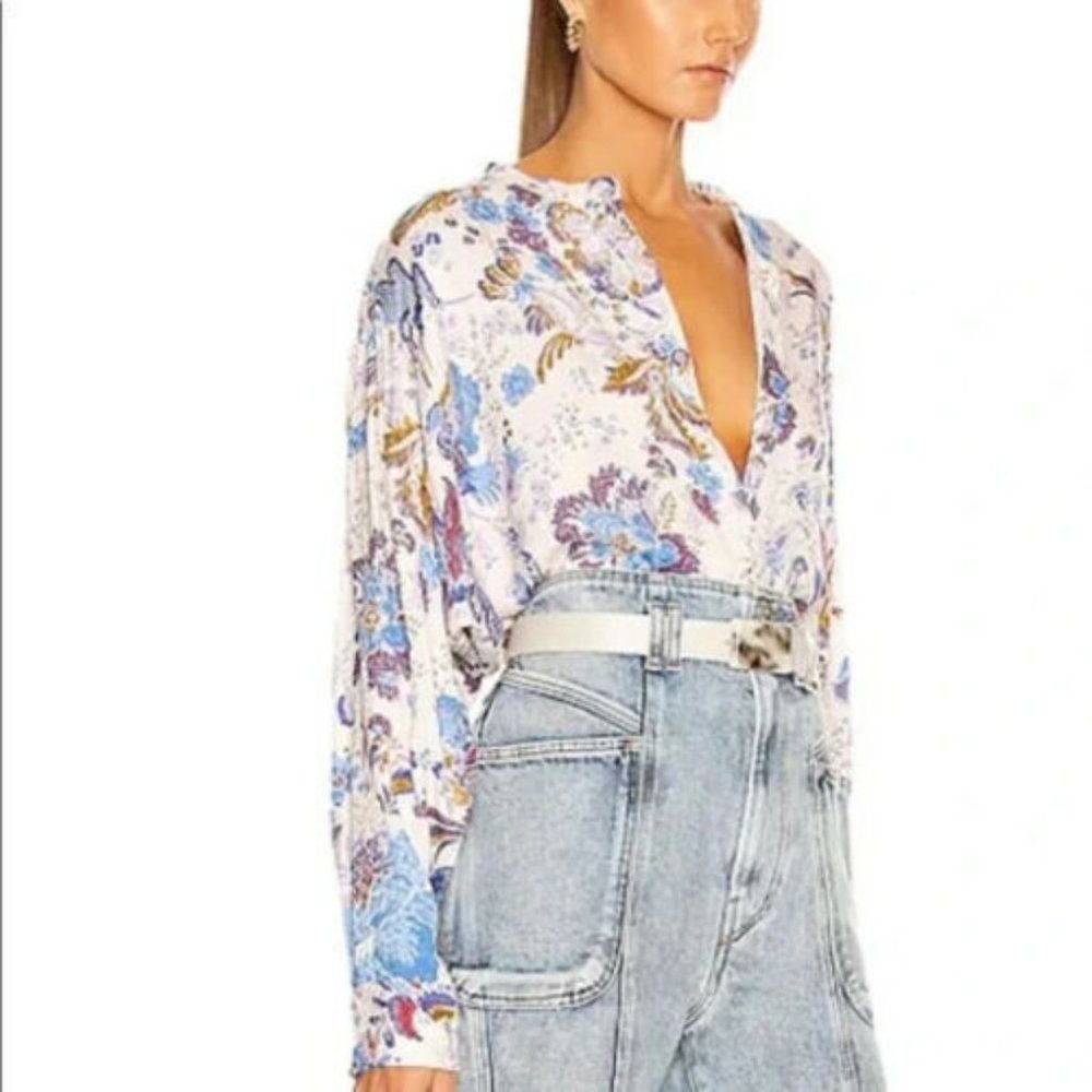 Isabel Marant White Floral Print V-Neck Blouse